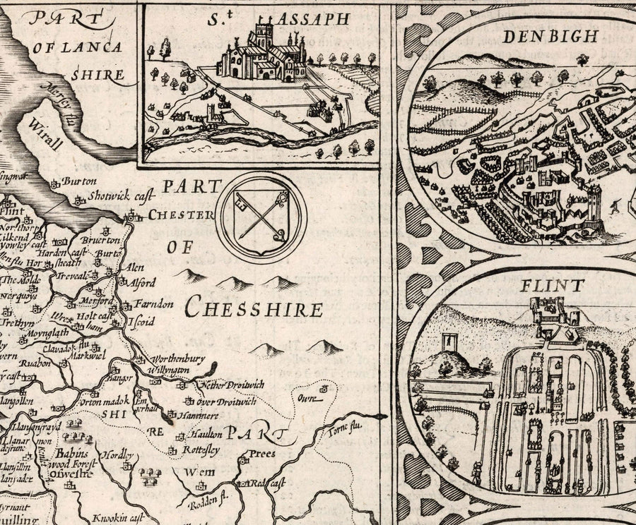 Vecchia mappa monocromatica del Galles, Cymru, 1611 di John Speed - Città, paesi, contee, Cardiff, Pembrokeshire, Anglesey 