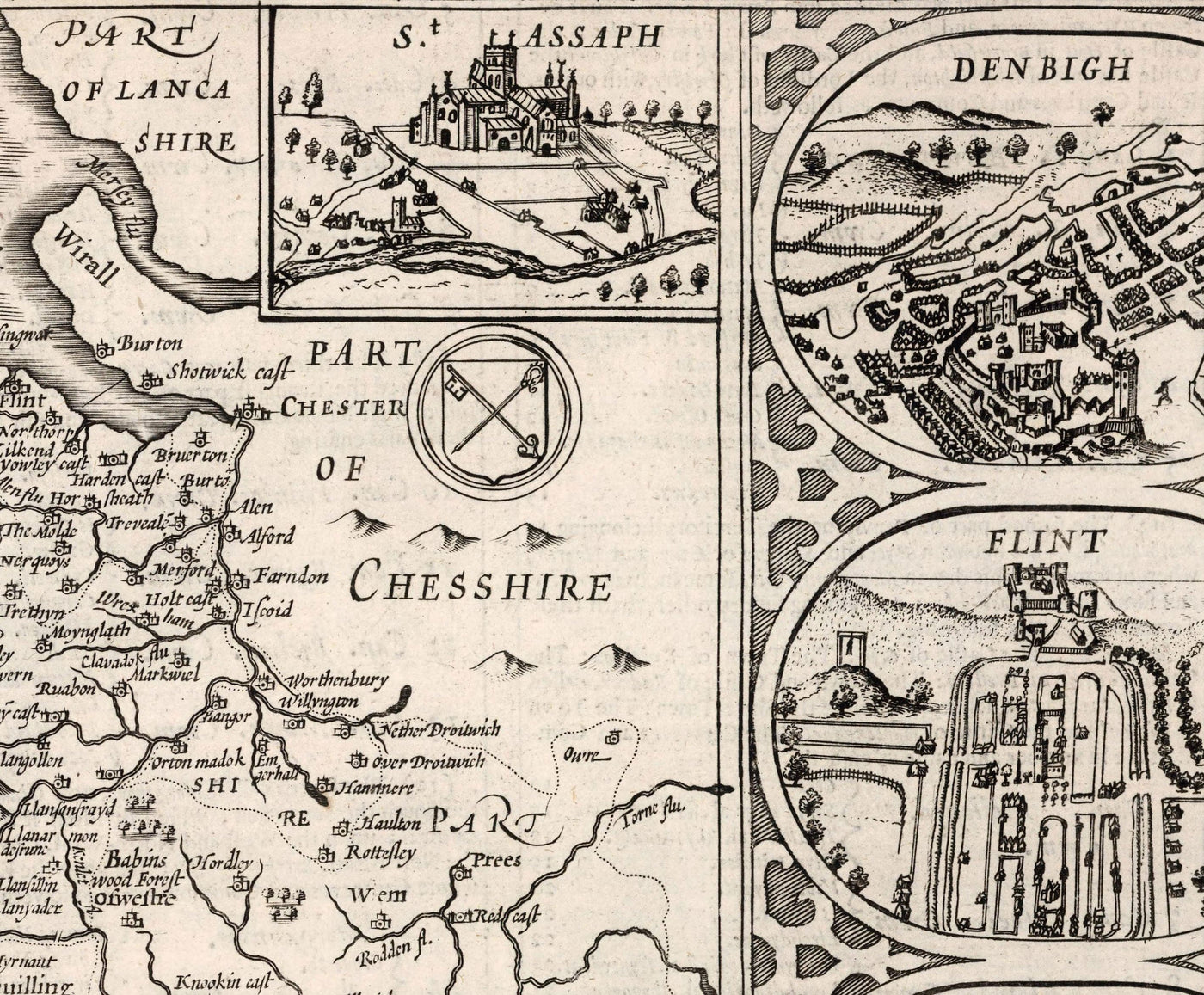 Old Monochrome Carte du Pays de Galles, Cymru, 1611 par John Speed ​​- Villes, Villes, Comtés, Cardiff, Pembrokeshire, Anglesey