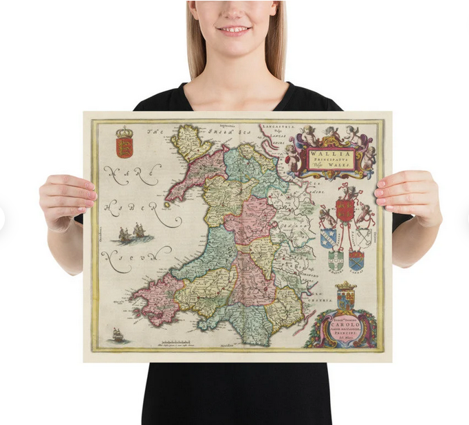 Rare carte ancienne du Pays de Galles par Jean Blaeu, 1645 - tirée du Theatrum Orbis Terrarum Sive Atlas Novus