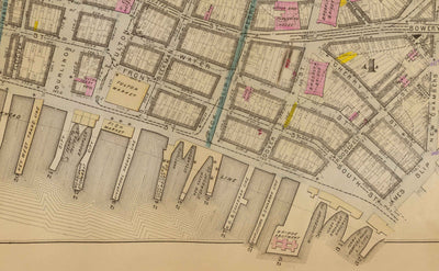Ancienne carte du district financier et du centre civique, 1879 - quartiers de Manhattan, Wall St, Fulton St, East River, hôtel de ville, palais de justice, trésorerie