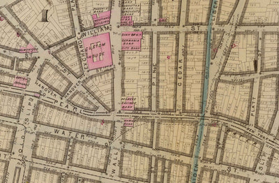 Ancienne carte du district financier et du centre civique, 1879 - quartiers de Manhattan, Wall St, Fulton St, East River, hôtel de ville, palais de justice, trésorerie