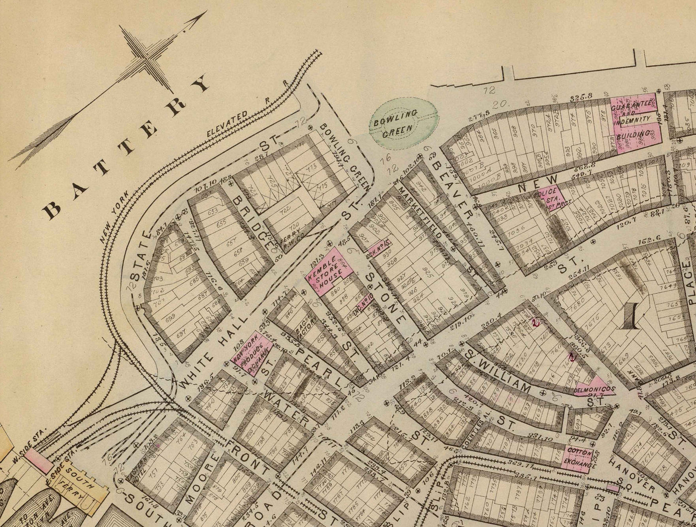 Antiguo mapa del distrito financiero y del centro cívico, 1879 - barrios de Manhattan, Wall St, Fulton St, East River, Ayuntamiento, Palacio de Justicia, Tesorería