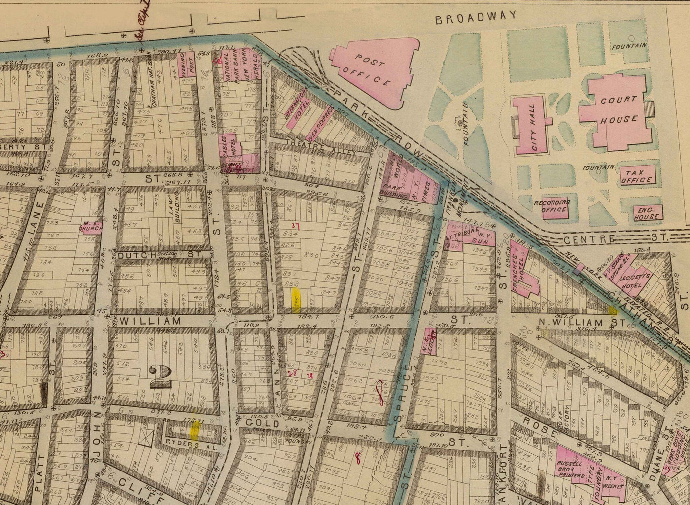 Antiguo mapa del distrito financiero y del centro cívico, 1879 - barrios de Manhattan, Wall St, Fulton St, East River, Ayuntamiento, Palacio de Justicia, Tesorería