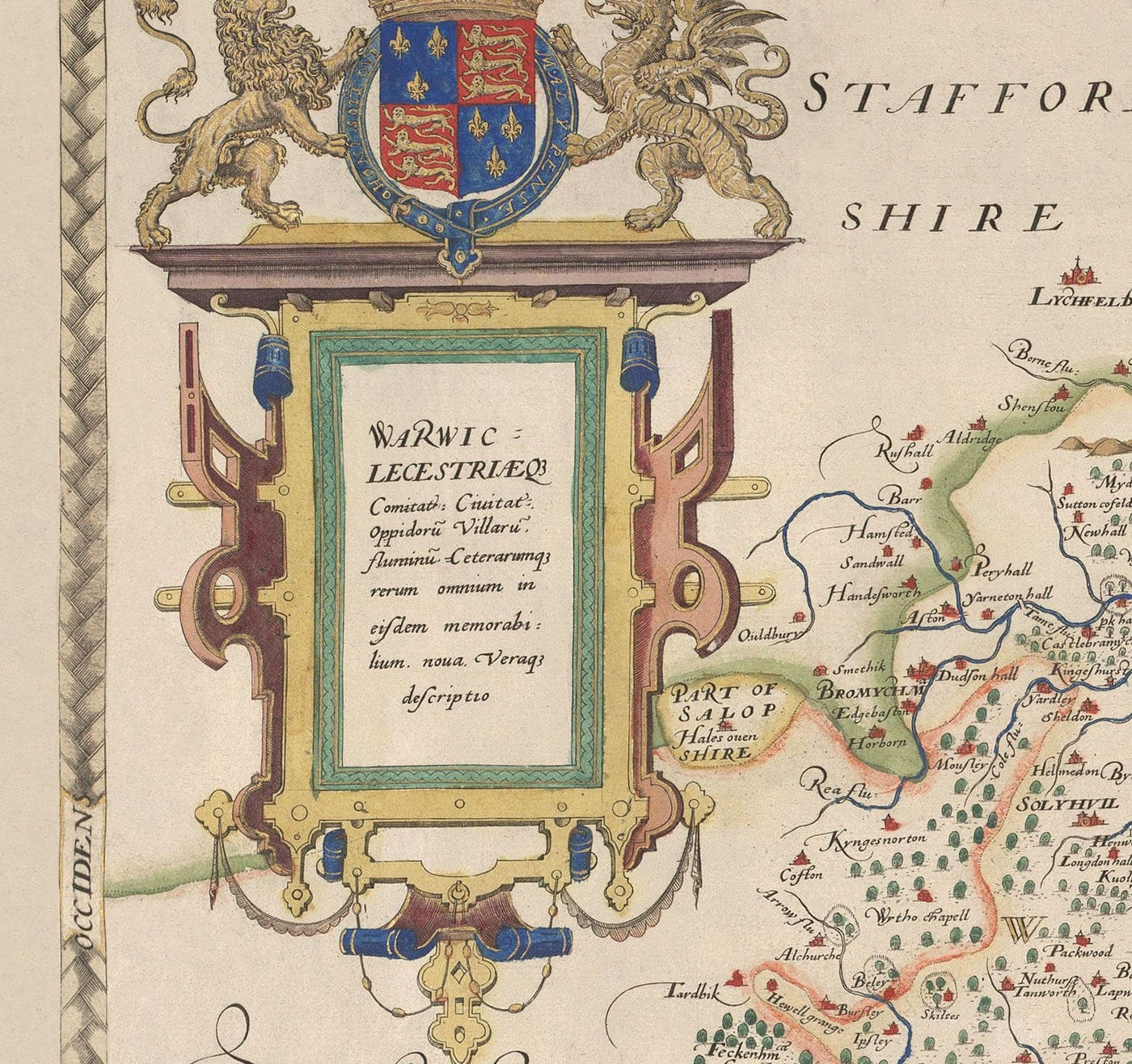 Ancienne carte de Warwick - Leicester 1579, par Christopher Saxton - Birmingham, Coventry, Solihull, Nuneaton