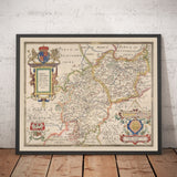 Viejo Mapa de Warwick - Leicester 1579, por Christopher Saxton - Birmingham, Coventry, Solihull, Nuneaton