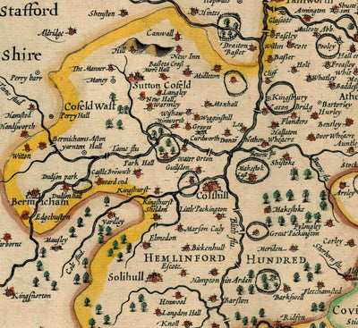 Viejo mapa de Warwickshire en 1611 por John Speed ​​- Birmingham, Coventry, Solihull, Warwick