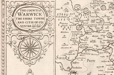 Ancienne carte de Warwickshire en 1611 par John Speed ​​- Birmingham, Coventry, Solihull, Warwick