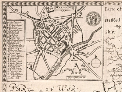 Ancienne carte de Warwickshire en 1611 par John Speed ​​- Birmingham, Coventry, Solihull, Warwick