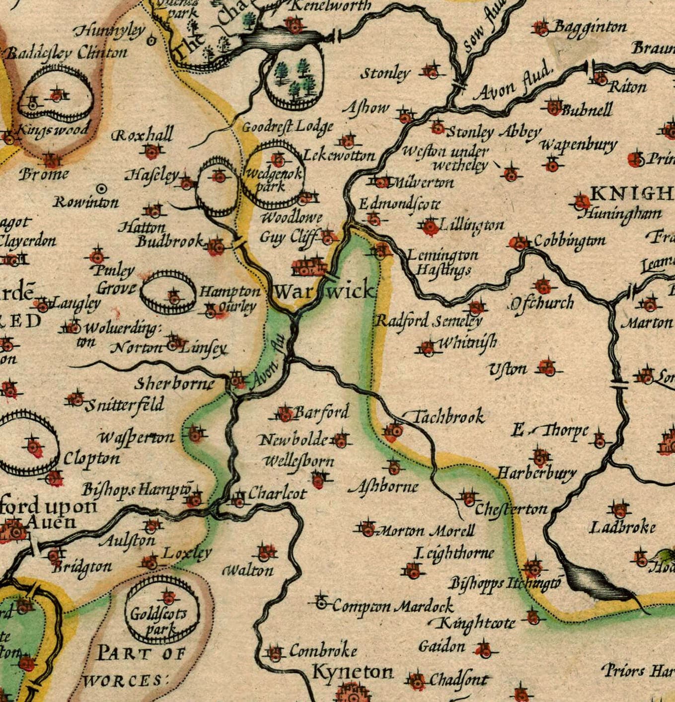 Viejo mapa de Warwickshire en 1611 por John Speed ​​- Birmingham, Coventry, Solihull, Warwick