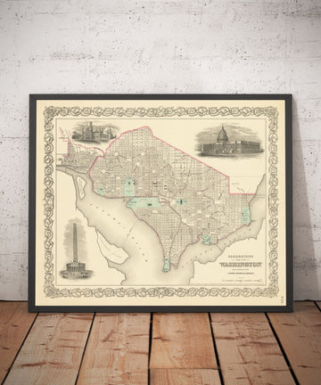 Vecchia mappa di Washington DC, 1855 di Colton - Georgetown, Campidoglio, Monumento, Casa Bianca del Presidente, Smithsonian 