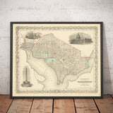 Old Map of Washington DC, 1855 by Colton - Georgetown, Capitol, Monument, President's White House, Smithsonian