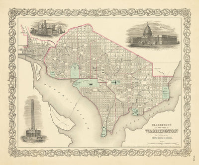 Ancienne Carte de Washington DC, 1855 par Colton - Georgetown, Capitol, Monument, Maison Blanche du Président, Smithsonian