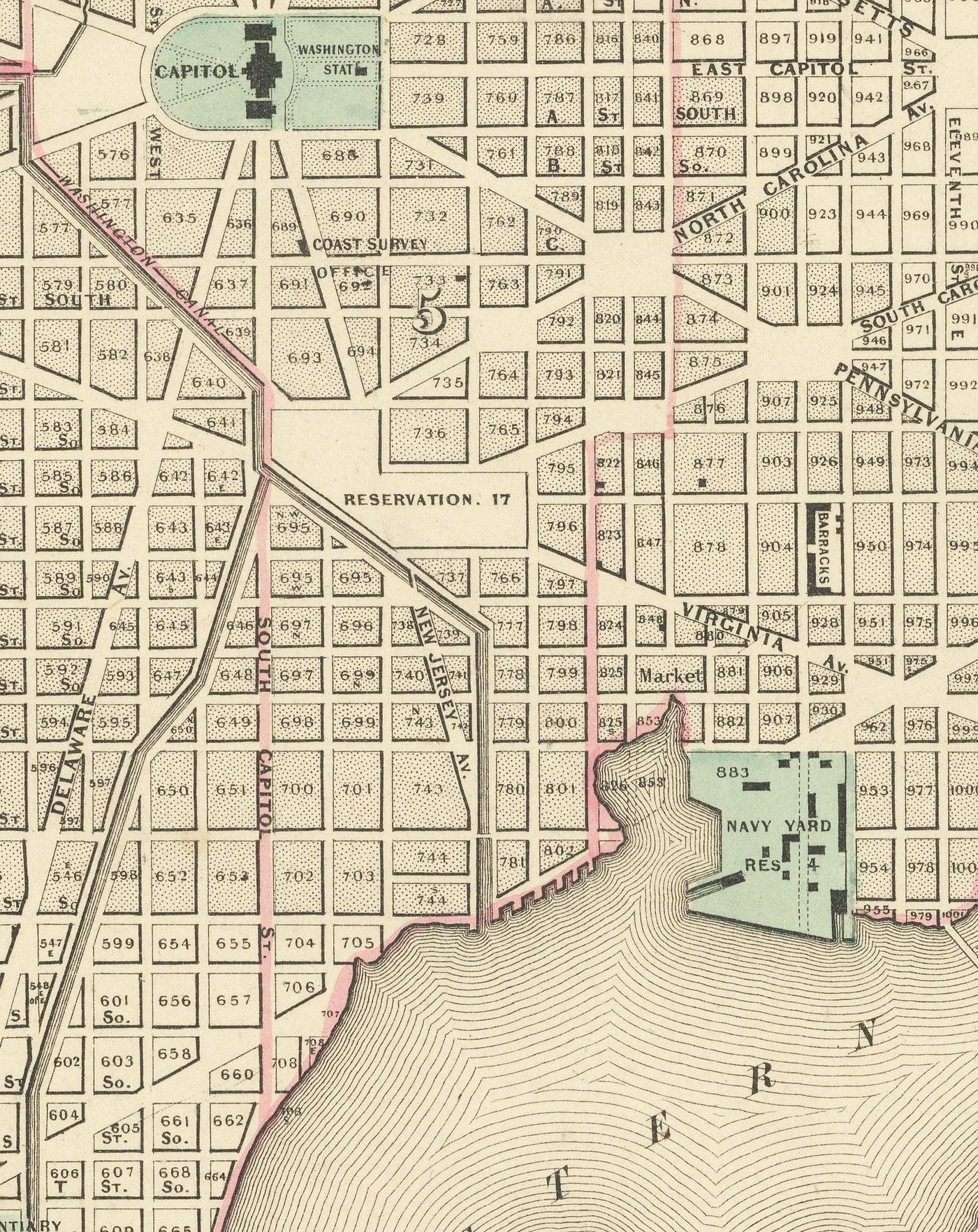 Alte Karte von Washington DC, 1855 von Colton - Georgetown, Capitol, Denkmal, Weißes Haus des Präsidenten, Smithsonian