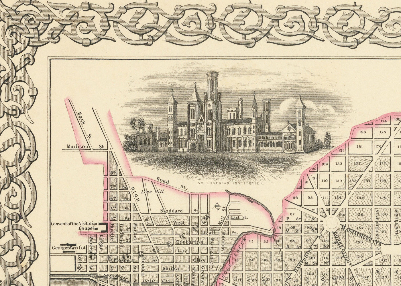 Ancienne Carte de Washington DC, 1855 par Colton - Georgetown, Capitol, Monument, Maison Blanche du Président, Smithsonian