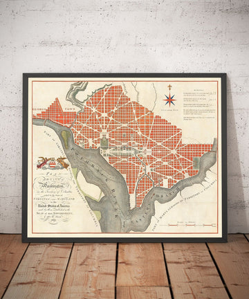 Mappa molto antica di Washington DC, 1795 di John Russell - Georgetown, Casa Bianca, Campidoglio, Casa Bianca, Piano della città 
