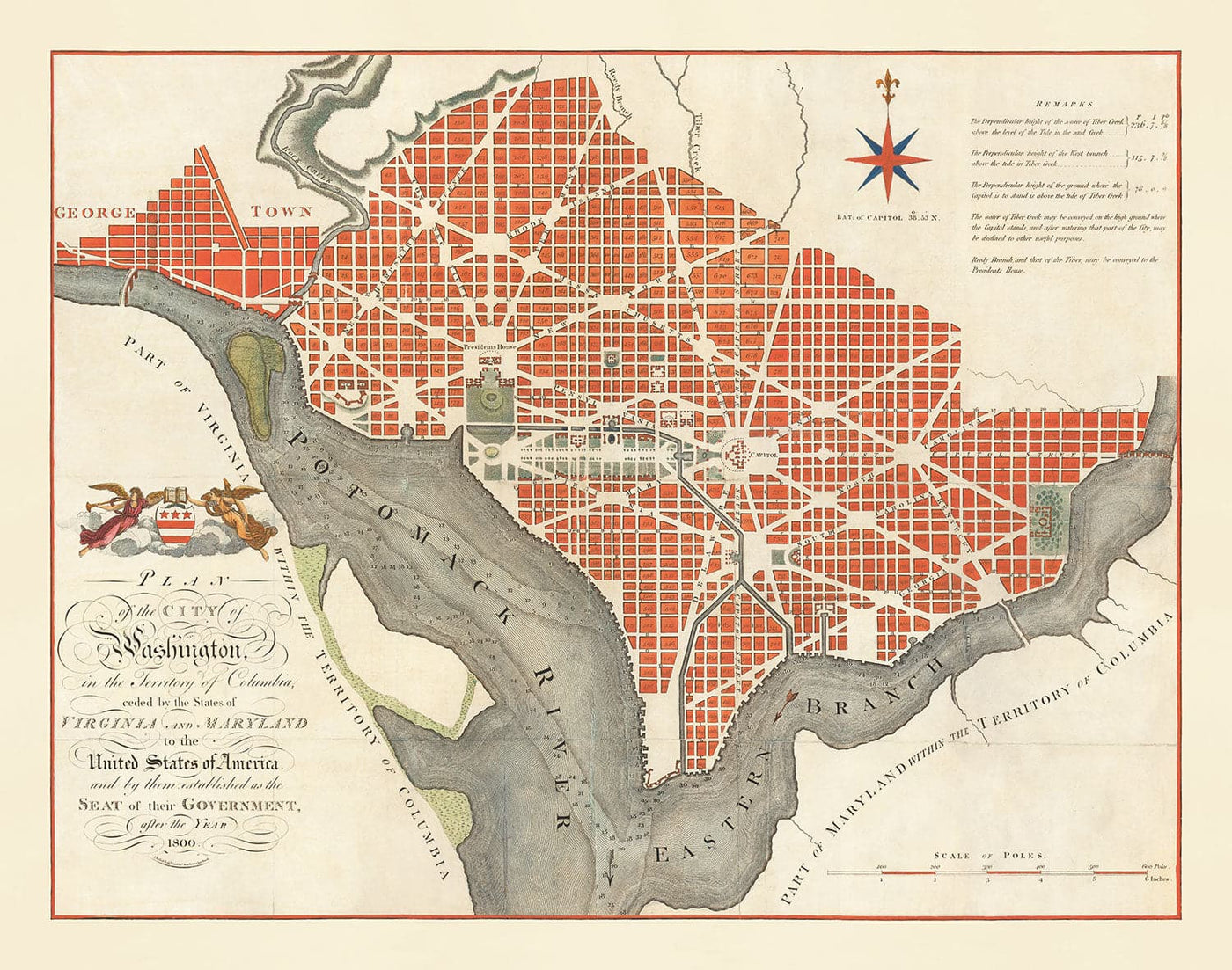 Mapa muy antiguo de Washington DC, 1795 de John Russell - Georgetown, Casa Blanca, Capitolio, Casa Blanca, Plan de la Ciudad