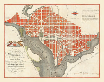Très ancienne carte de Washington DC, 1795 de John Russell - Georgetown, Maison-Blanche, Capitole, Maison-Blanche, Plan de la ville