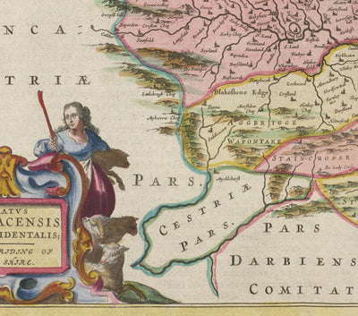 Ancienne carte de West Yorkshire, 1665 par Joan Blaeu - York, Bradford, Sheffield, Leeds, Huddersfield, Halifax, Wakefield