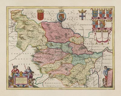 Old Map of West Yorkshire, 1665 von Joan Blaeu, Bradford, Sheffield, Leeds, Huddersfield, Halifax, Wakefield