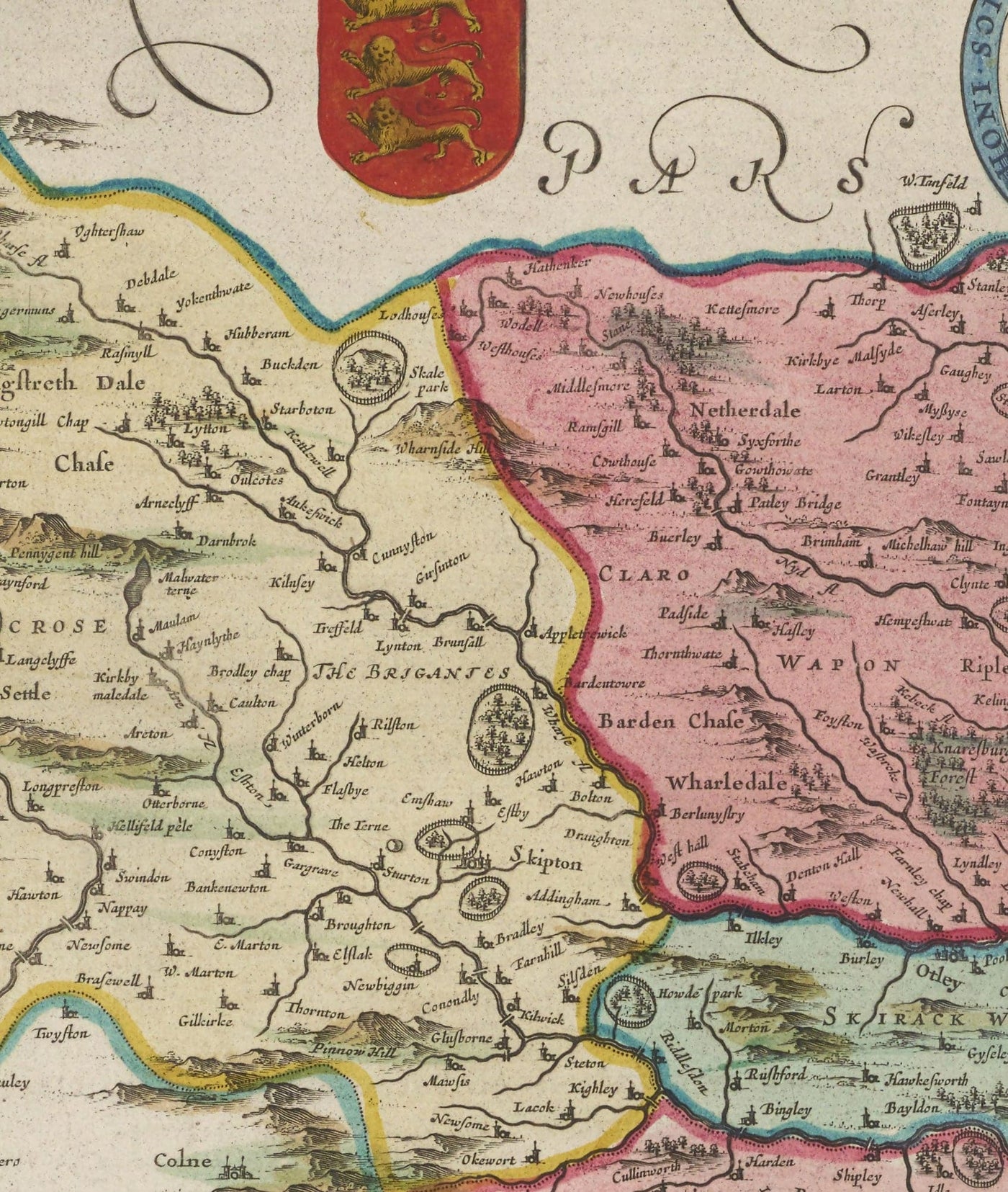 Ancienne carte de West Yorkshire, 1665 par Joan Blaeu - York, Bradford, Sheffield, Leeds, Huddersfield, Halifax, Wakefield