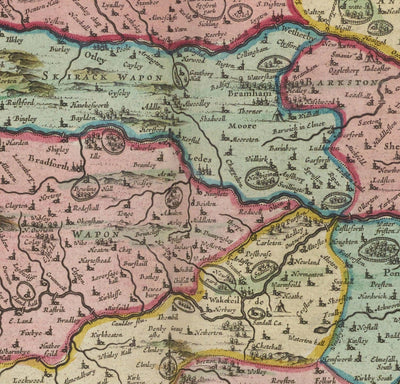 Mapa antiguo de West Yorkshire, 1665 de Joan Blaeu - York, Bradford, Sheffield, Leeds, Huddersfield, Halifax, Wakefield