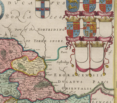 Mapa antiguo de West Yorkshire, 1665 de Joan Blaeu - York, Bradford, Sheffield, Leeds, Huddersfield, Halifax, Wakefield