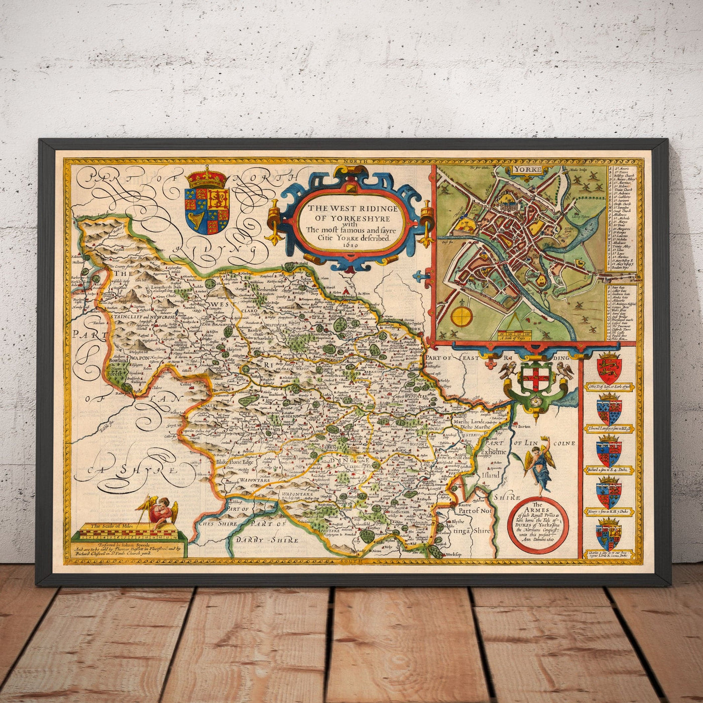 Alte Karte von West Yorkshire, 1611 von John Speed ​​- York, Bradford, Sheffield, Leeds, Huddersfield