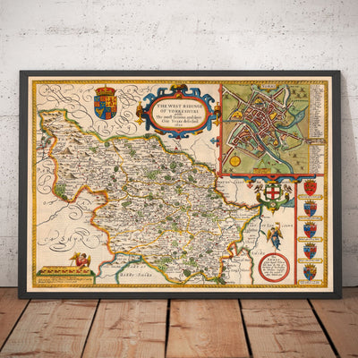 Alte Karte von West Yorkshire, 1611 von John Speed ​​- York, Bradford, Sheffield, Leeds, Huddersfield