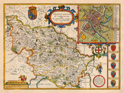 Ancienne carte de West Yorkshire, 1611 par John Speed ​​- York, Bradford, Sheffield, Leeds, Huddersfield