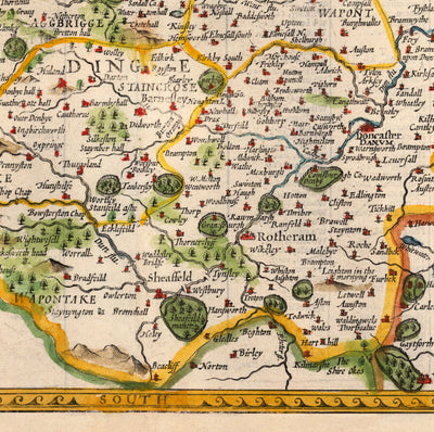 Mapa antiguo de West Yorkshire, 1611 de John Speed ​​- York, Bradford, Sheffield, Leeds, Huddersfield