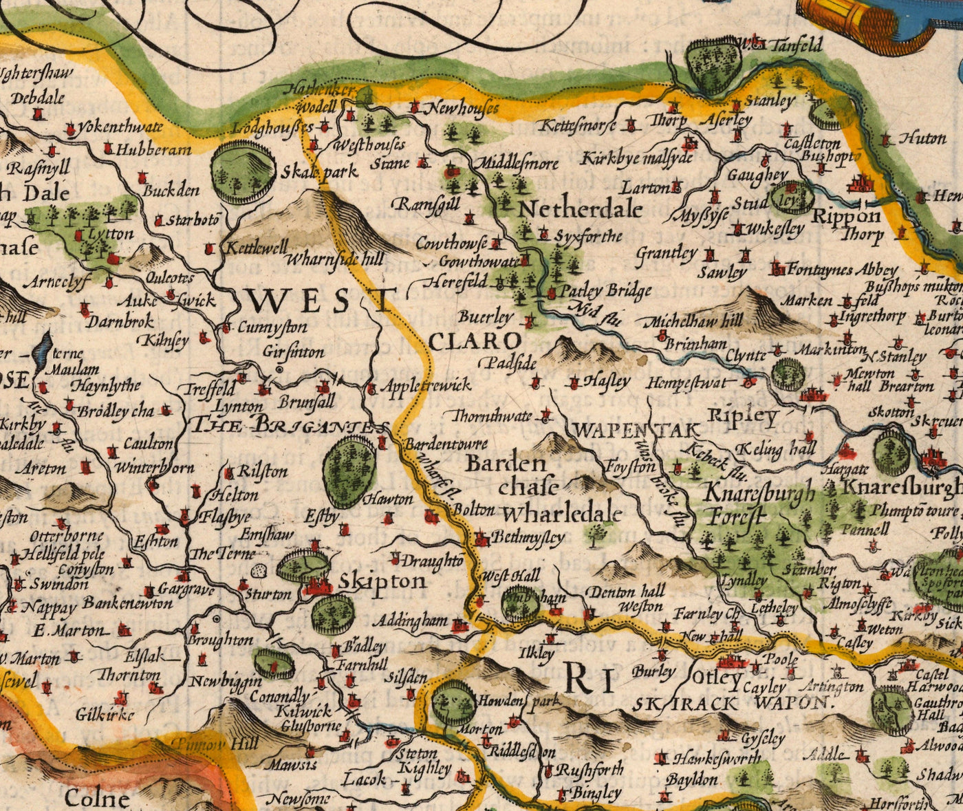 Ancienne carte de West Yorkshire, 1611 par John Speed ​​- York, Bradford, Sheffield, Leeds, Huddersfield