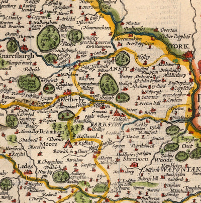 Mapa antiguo de West Yorkshire, 1611 de John Speed ​​- York, Bradford, Sheffield, Leeds, Huddersfield
