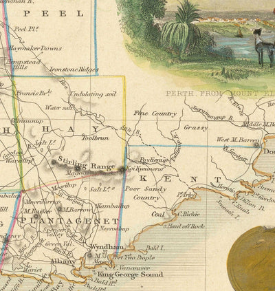 Mapa antiguo de Australia Occidental, 1851 por Tallis & Rapkin - Colonia Británica del Río Swan, Perth, Peel, Bunbury, Fremantle