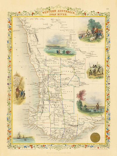 Mapa antiguo de Australia Occidental, 1851 por Tallis & Rapkin - Colonia Británica del Río Swan, Perth, Peel, Bunbury, Fremantle