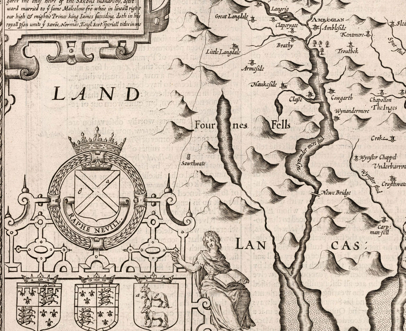Mapa monocromo antiguo de Westmorland, 1611 de John Speed ​​- Lake District, Cumbria, Kendal, Windermere, Grasmere
