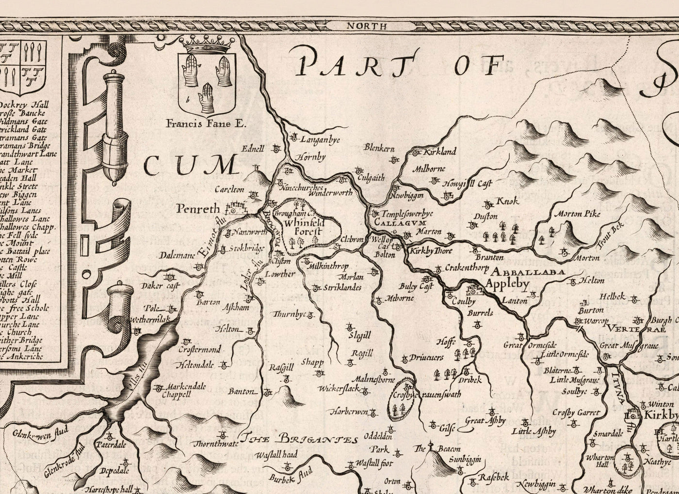 Alte monochrome Karte von Westmorland, 1611 von John Speed ​​- Lake District, Cumbria, Kendal, Windermere, Grasmere