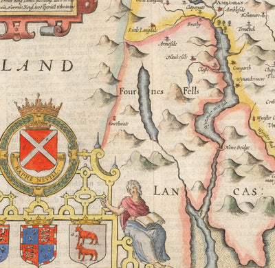 Ancienne carte de Westmorland, 1611 par John Speed ​​- Lac District, Cumbria, Kendal, Windermere, Grasmère