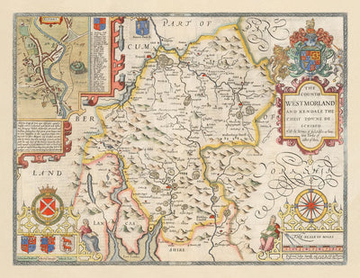 Alte Karte von Westmorland, 1611 von John Speed ​​- Lake District, Cumbria, Kendal, Windermere, Grasmere