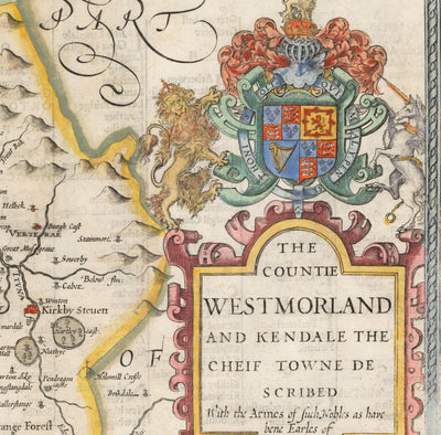 Ancienne carte de Westmorland, 1611 par John Speed ​​- Lac District, Cumbria, Kendal, Windermere, Grasmère