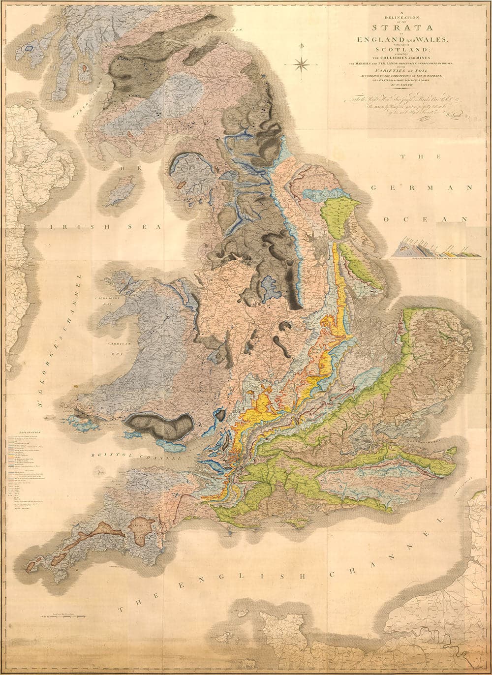 Rare William Smith Geología Mapa de Inglaterra, Escocia y Gales, 1815 - Hasta 5 metros (16 pies) - Arte de la pared de la vendimia