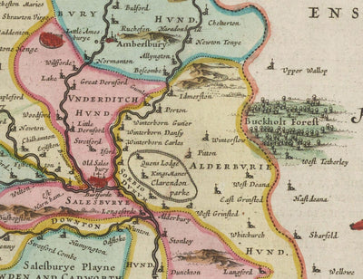 Alte Karte von Wiltshire 1665 von Joan Blaeu - Salisbury, Stonehenge, Swindon, Trowbridge, Chippenham, Melksham