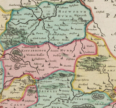 Ancienne carte de Wiltshire en 1665 par Joan Blaaueu - Salisbury, Stonehenge, Swindon, Trowbridge, Chippenham, Melksham