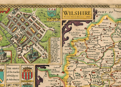Alte Karte von Wiltshire im Jahre 1611 von John Speed ​​- Salisbury, Stonehenge, Swindon, Trowbridge