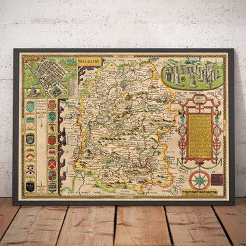 Old Map of Wiltshire in 1611 by John Speed - Salisbury, Stonehenge, Swindon, Trowbridge