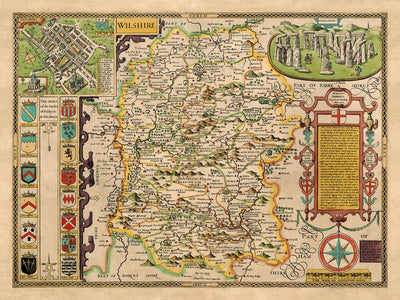 Mapa antiguo de Wiltshire en 1611 por John Speed ​​- Salisbury, Stonehenge, Swindon, Trowbridge