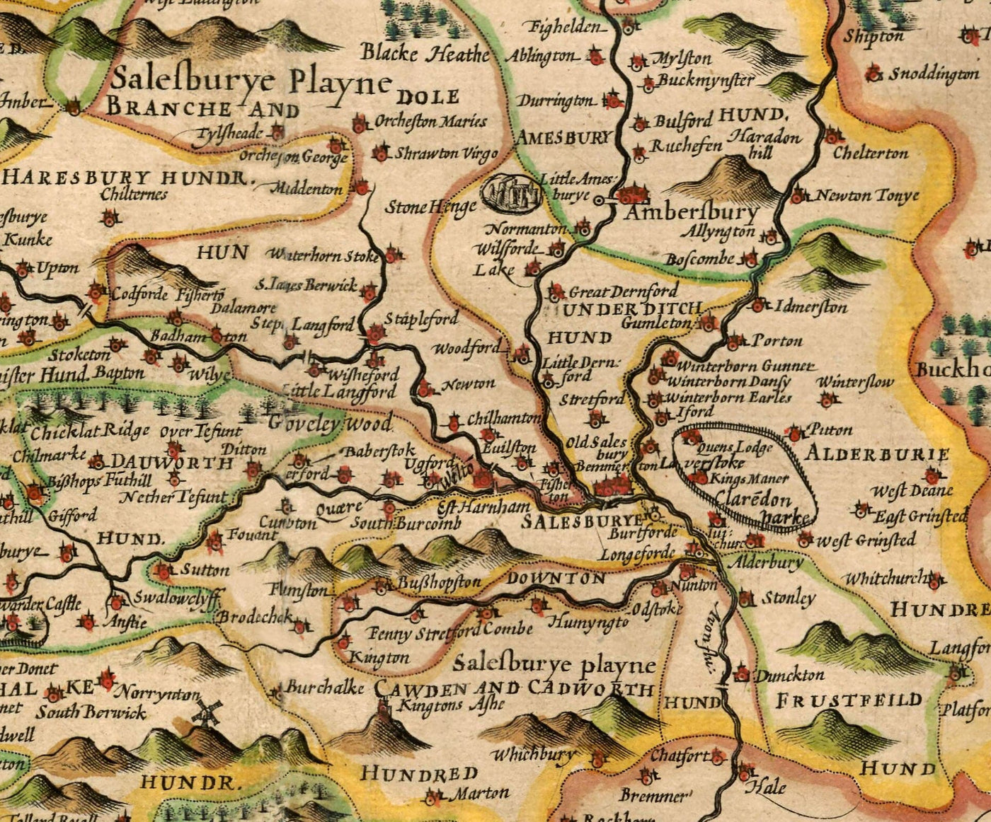 Mapa antiguo de Wiltshire en 1611 por John Speed ​​- Salisbury, Stonehenge, Swindon, Trowbridge