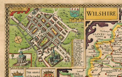 Alte Karte von Wiltshire im Jahre 1611 von John Speed ​​- Salisbury, Stonehenge, Swindon, Trowbridge