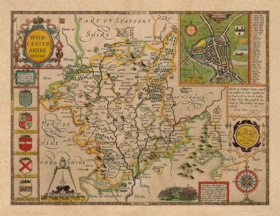 Vieille carte de Worcestershire en 1611 par John Vitesse - Worcester, Bromsgrove, Kidderminster, Malvern, Droitwich