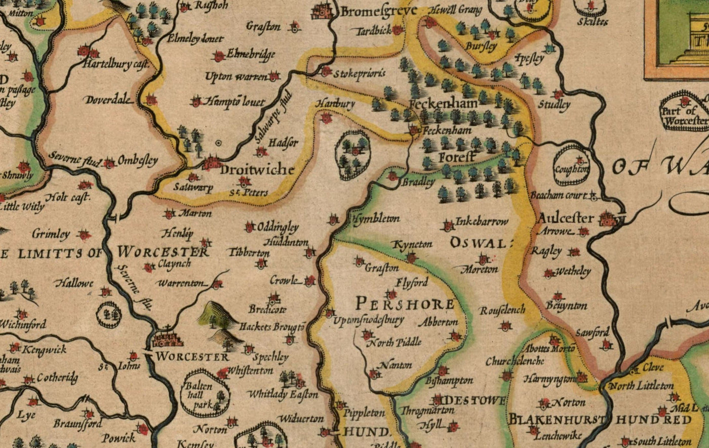 Vieille carte de Worcestershire en 1611 par John Vitesse - Worcester, Bromsgrove, Kidderminster, Malvern, Droitwich