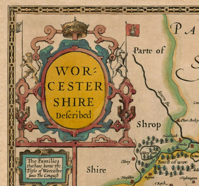Viejo mapa de Worcestershire en 1611 por John Speed ​​- Worcester, Bromsgrove, Kidderminster, Malvern, Droitwich